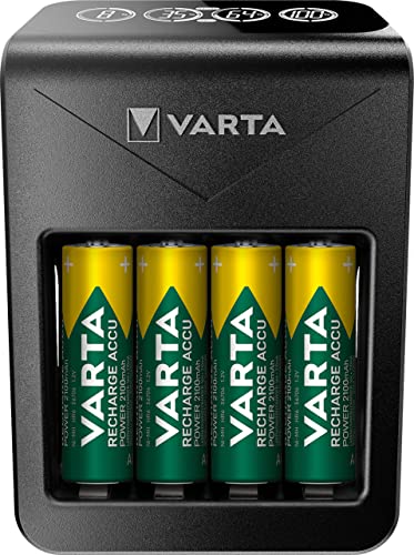 VARTA Akku Ladegerät, inkl. 4X AA 2100mAh, Batterieladegerät für wiederaufladbare AA/AAA/9V und USB Geräte, LCD Plug Charger+, Einzelschachtladung, Schwarz