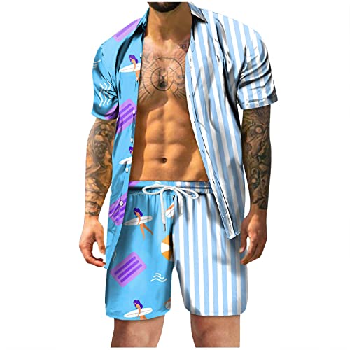 Herren Sommer Mode Freizeit Hawaii Küste Urlaub Strand Digitaler 3D-Druck Kurzarm Hemd Shorts Strand Hosenanzug Anzüge T-Shirt mit Short Sommer Trainingsanzug Set mit Taschen 2024 Casual (Blue, L)