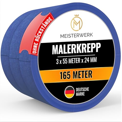 MEISTERWERK Malerkrepp für Malerarbeiten (OHNE RÜCKSTÄNDE) - 165 Meter Kreppband (24mm Breite) - Rutschfestes Abklebeband für sauberes Renovieren, Streichen & Lackieren