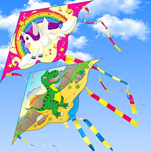 Yetech Drachen Flugdrachen Einleiner,2 Packs Kinder Drachen, 110 * 55cm, Bunte Einhörner und Dinosaurier Einleiner Drachen Basteln Kite Kit,inklusiv Drachenschnur und Streifenschwänze