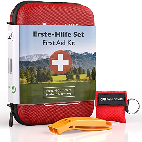 GoLab - Erste Hilfe Set Outdoor für Wandern und Fahrrad DIN 13167 - First Aid Kit mit Signalpfeife und Beatmungsmaske - Made in Germany Rot