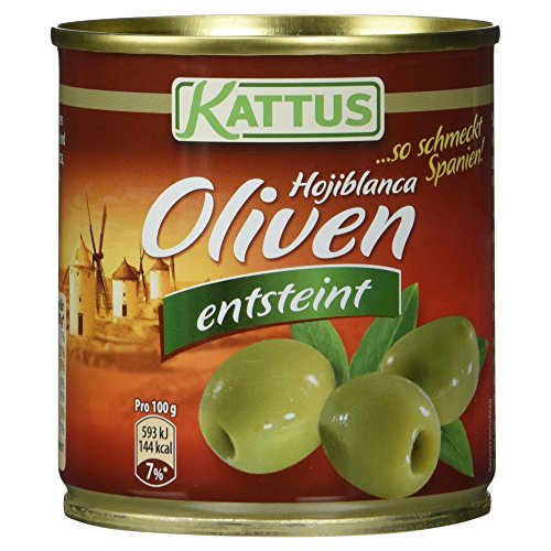 Kattus - Grüne Hojiblanca Oliven ohne Stein | Spanische Oliven entsteint | Ideal zu Pizza, Fleisch- oder Fischgerichte | 85 g in der Dose