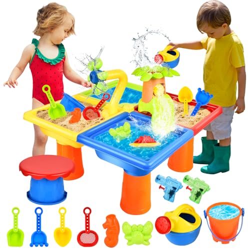 JONRRYIN 4 IN 1 Sand Wasserspieltisch, Wassertisch Strandspielzeug, Matschtisch Strandtisch für Kinder, Sandkastentisch Kinder, Wasser Outdoor Aktivität Sommer Sand Spielzeug für Mädchen Junge