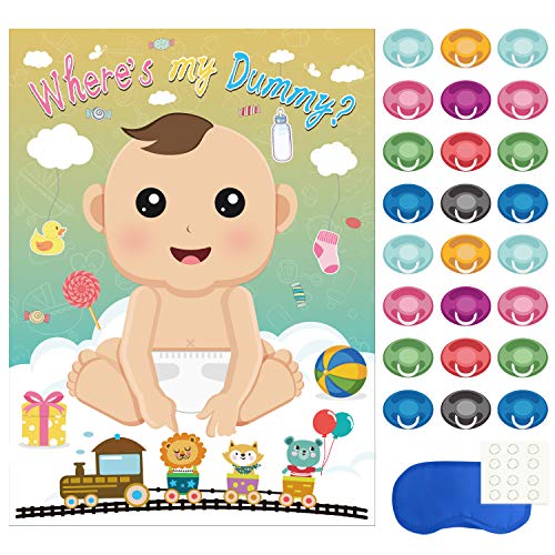 FEPITO Baby Shower Party Spiele, Pin The Dummy auf das Baby-Spiel mit 24Pcs Schnuller-Aufklebern für Babyparty Partei Versorgungen