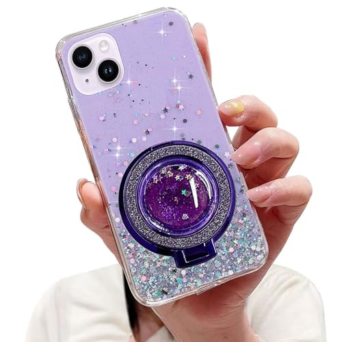 Tivenfezk Nadoli Sparkle Treibsand Ständer Hülle für iPhone 14,Versteckt Ständer Ring Klar Glitzer Stern Handyhülle Durchsichtig Bling Schutzhülle Case Cover,Lila