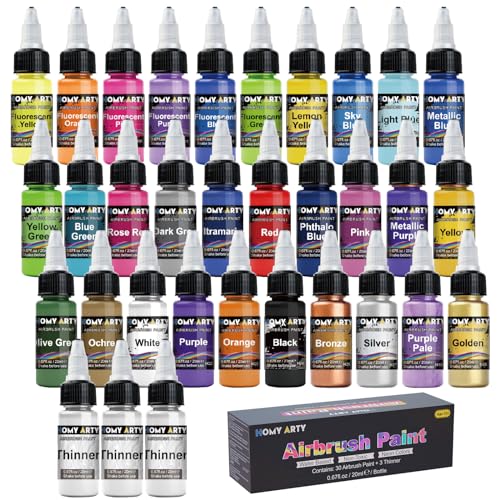 HOMY ARTY Airbrush Farbe, 30 Farben mit 3 Verdünner Airbrush Lack Set, Wasserbasierte Luftbürste Farben, bereit zum Sprühen, 20ml/Flasche