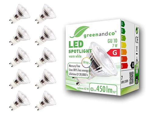 GreenAndCo 10x CRI 90+ GU10 LED Spot, 7W 450 lm 36° 3000K warmweiß 230V, flimmerfrei, nicht dimmbar, 2 Jahre Garantie