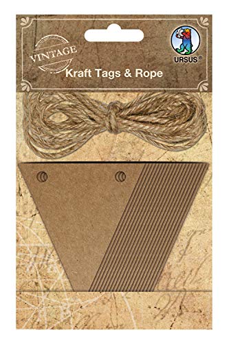 Ursus 40650005 - Kraft Tags & Rope, Wimpelkette aus Kraftpapier, 20 Wimpel, ca. 6,5 x 7,5 cm, mit 4,5 m Jutegarn, individuell gestaltbare Wimpelkette als Dekoration für jeden Anlass