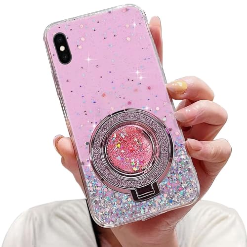 Tivenfezk Nadoli Sparkle Treibsand Ständer Hülle für iPhone XR,Versteckt Ständer Ring Klar Glitzer Stern Handyhülle Durchsichtig Bling Schutzhülle Case Cover,Rosa