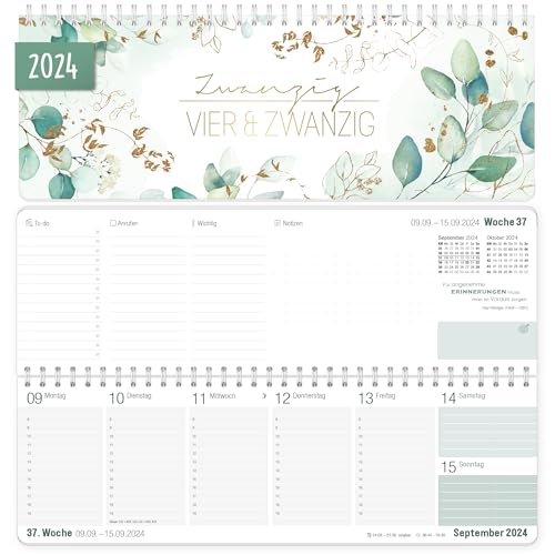 Wochen-Tischkalender 2024 im Quer-Format [Blattgold] 1 Woche 2 Seiten | Wochenkalender 29,5 x 10,5 cm | Schreibtisch-Kalender mit Sprüchen | nachhaltig & klimafreundlich