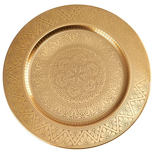 Orientalisches rundes Tablett aus Metall Manar 35cm | Marokkanisches Teetablett in der Farbe Gold | Orient Goldtablett goldfarbig | Orientalische Dekoration auf dem gedeckten Tisch