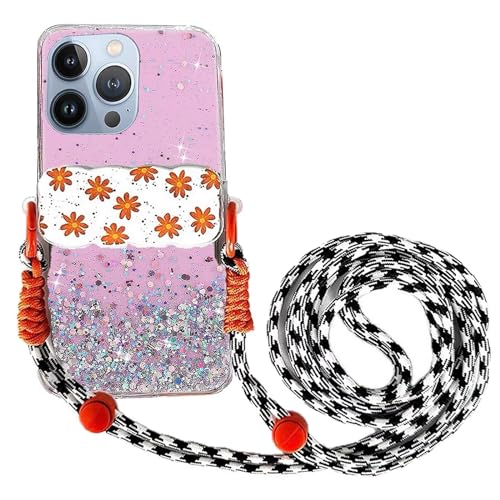 Rnrieyta Miagon Handykette Hüll für iPhone 15 Pro Max Glitzer Durchsichtig Case mit Universal Blume Telefon Clip Kordel zum Umhängen Handyanhänger Halsband Lanyard