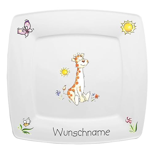 Doriantrade Speiseteller eckig 26cm Kinderteller Teller Porzellan Giraffe personalisierbar mit Wunschname Name Kindergeschirr mit Namen personalisiert