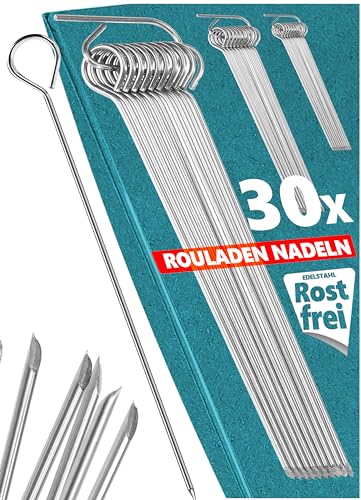 Menz Rouladennadeln, 30er SET - 10cm Rouladennadeln Edelstahl rostfrei als Rouladenklammern-Ersatz - Made in Germany Rouladenspieße inkl. Aufbewahrungs-Clip