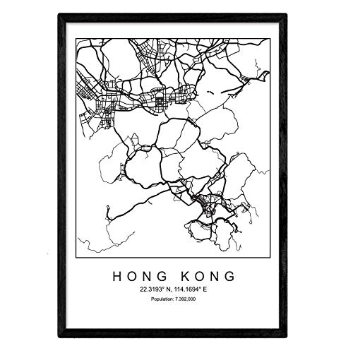 Nacnic Drucken Stadtplan Hong Kong nordico Stil in Schwarz und Weiß. A3 Größe Plakat Das Bedruckte Papier Keine 250 gr. Gemälde, Drucke und Poster für Wohnzimmer und Schlafzimmer