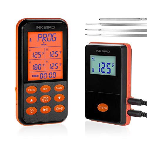 Inkbird Grillthermometer Funk IRF-4S mit 4 Messfühlern, IPX5 Wasserdichtes Grillthermometer Radio mit Beleuchtetes Display, Bratenthermometer Funk Fleischthermometer für BBQ, Ofen und Grills