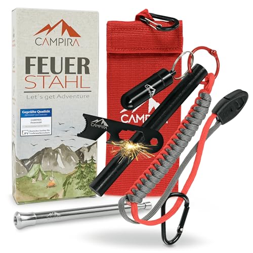 Campira® Feuerstahl XXL-Großer Feuerstein mit Magnesium für starken Funkenflug-Paracord Set-Blasrohr-Erst Ausrüstung als Survival Kit ideal für Camping, Outdoor, Bushcraft und Bundeswehr Ausrüstung