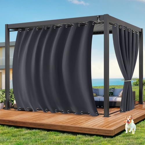 Qelus Outdoor Vorhang Wetterfest B254xH213CM, Wasserdicht Outdoorvorhänge mit Ösen, Aussen Gardinen Winddicht Sonnenschutz Sichtschutz für Garten Terrasse Balkon Pergola Pavillon (Anthrazitgrau)