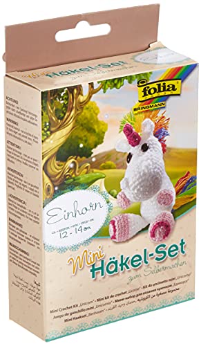 folia 23910 - Mini Häkelset Einhorn, Komplettset zur Erstellung von einem selbst gehäkelten niedlichen Einhorn, ca. 12 - 14 cm groß, für Kinder ab 8 Jahren und Erwachsene, als Geschenk