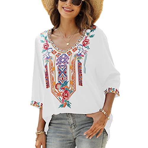 Seasonal Damen Stickerei Bluse Bohemian Herbst Tunika Bestickte Folklore Blusen Hippie Blumenmuster Oberteil 3/4 Arm Lose Tops (Large, 328-Weiß)