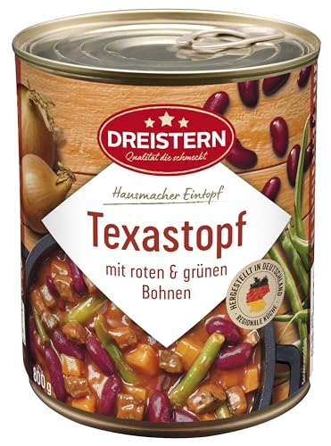 DREISTERN Texastopf mit roten und grünen Bohnen 800 g | leckeres Fertiggericht mit Gemüse in der praktischen recycelbaren Konserve | Hausmacher Mahlzeit mit viel Fleisch und Gemüse