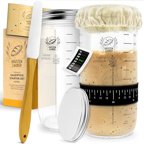 KRUSTENZAUBER 2x Sauerteig Starter Set - 2x 600ml Gärglas mit Spatel u. Thermometer - Brot Backen Zubehör, Sauerteig Glas, Fermentieren, Sourdough Starter Kit, Anstellgut Glas, Fermentierglas