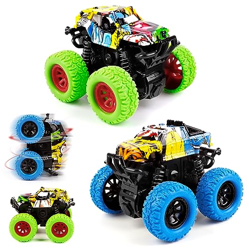 Shayson Monstertruck Auto Spielzeug, Spielzeugautos Monster Trucks für 3+ Jahre Kinder Geschenk, Aufziehauto LKW Reibungsbetriebene Rennwagen Zurückziehen, 360 Grad Rotierende, 2 Stück