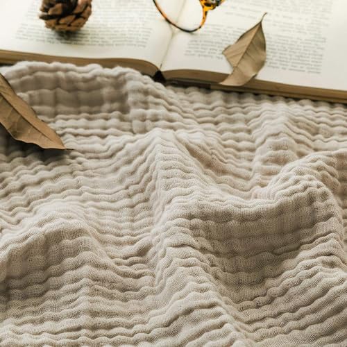 EMME Baumwolle Decke, Vorge-waschene Kuscheldecke, Weiche und Atmungsaktive Tagesdecke, Universale Sofadecke Leichte Bequeme Baumwoll Musselin Decke für Ganze Saison (Beige, 140 x 190 cm),55''x75''