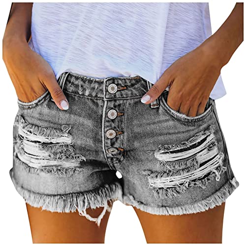 KBOPLEMQ Damen Jeansshorts Sommer Kurze Hose Jeans Ripped Zerrissen Loch Hotpants Shorts Stretch Denim Bermuda Hosen High Waist Stretch Boyfriend Skinny Pants Denim-Shorts Retro Kurz Jeanshose