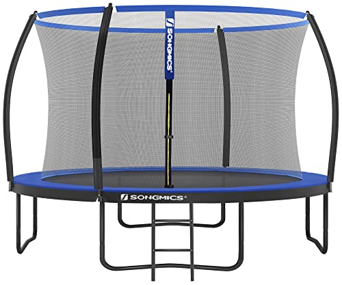 SONGMICS Trampolin Ø 366 cm, rundes Gartentrampolin mit Sicherheitsnetz, mit Leiter und gepolsterten Stangen, Sicherheitsabdeckung, sicher, Outdoor, schwarz-blau STR12BK