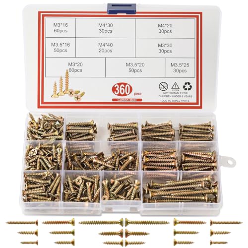 Schrauben Set,360 Pcs Holzschrauben, m3 m4 Selbstschneidende Schrauben mit Senkkopf, Holzschrauben Sortiment mit Aufbewahrungsbox für DIY-Projekt, Reparatur