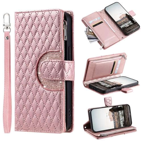 Tivenfezk Nadoli Glitzer Handyhülle für Samsung Galaxy S21 PU Leder Hülle Wallet Case mit Handschlaufe Kartenhalter Reißverschluss Brieftasche Handytasche Schutzhülle