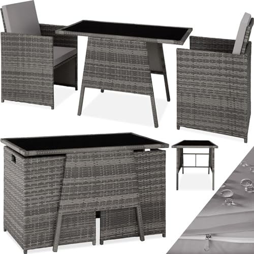 tectake® Poly Rattan Sitzgruppe für 2 Personen, Outdoor Möbel platzsparend zusammenschiebbar, 2 Sessel & 1 Tisch, ideales Balkon Lounge Set, Gartenmöbel, Terrassenmöbel wetterfest - grau