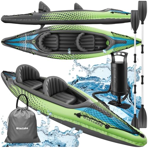 tectake® Kajak Boot aufblasbar, aufblasbares Kanu Paddelboot für 2 Personen mit 2X Doppelpaddel und Zubehör 2X Sitz, Pumpe, Transporttasche, für Wassersport, Freizeit, als Angelboot, Ruderboot