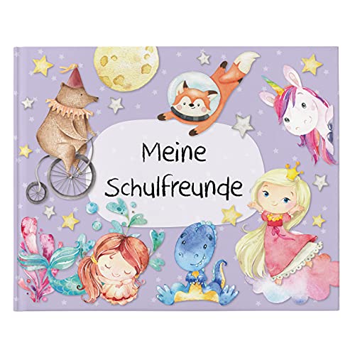 Papierdrachen Hochwertiges Freundebuch für Kinder - Schulfreunde - Lila - Poesiealbum mit Prinzessin, Einhorn & Meerjungfrau - für 27 Freunde - buntes kindgerechtes Design