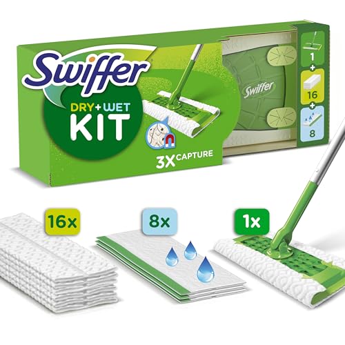 Swiffer Bodenwischer Wet & Dry Starter-Kit Mit Trockenen Und Feuchten Bodentüchern Zum Reinigen Von Parkett Und Hartböden. Lieferumfang: 1 Bodenwischer, 16 Trockene Bodentücher, 8 Feuchte Bodentücher