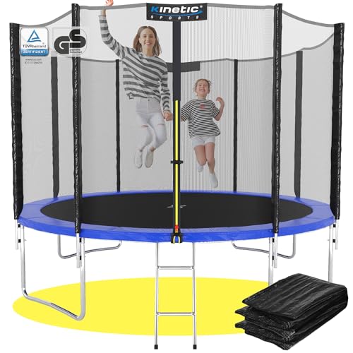 KINETIC SPORTS Trampolin Outdoor 'Salto Plus' Ø 275 cm – TÜV Rheinland geprüft, Komplett-Set für Kinder, USA Sprungtuch, Netz, Randpolster, Leiter – bis 160 kg, Blau