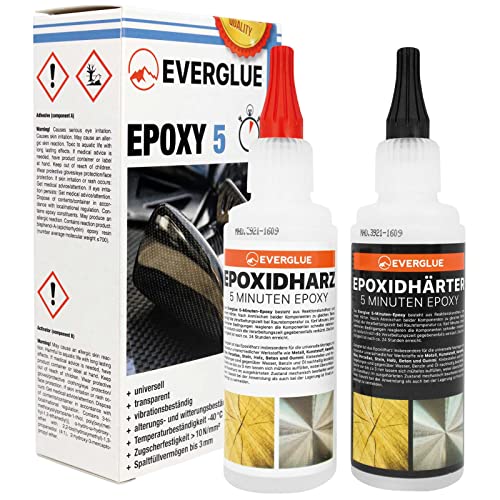 Everglue 5 Minuten Epoxy 200g 2K Epoxidharz mit Härter transparent und hitzebeständig zum Kleben und Versiegeln von Metall Kunststoff Keramik Glas Holz CfK Carbon GfK Glasfaser Marmor Beton Styropor