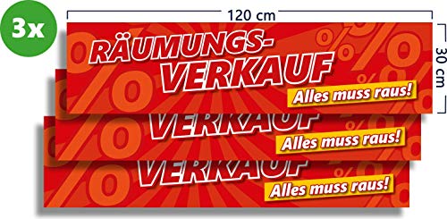 3er Pack Räumungsverkauf Alles muss raus! 120x30cm - Banner/Aufkleber wasserfest UV-beständig - Sale Aufkleber Rabatt für Aussen