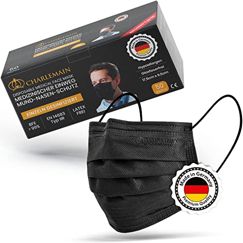 Charlemain 50x OP Masken, Made in Germany, EN 14683 Typ IIR, Medizinischer Mund-Nasen-Schutz, BFE >99,9% 3-lagig, Latexfrei, MNS, Einweg-Gesichtsmasken - Schwarz