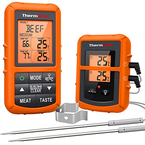 ThermoPro TP20 Digital Funk Bratenthermometer 150m Reichweite Grillthermometer Ofenthermometer Thermometer Wireless mit 2 Temperaturfühlern für BBQ, Ofen und Grills