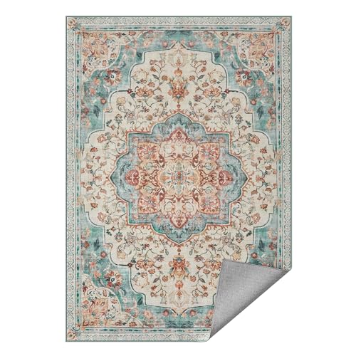 SONGMICS HOME Teppich, 120 x 170 cm, Wohnzimmerteppich, Rutschfester Teppich, traditioneller Vintage-Stil, für Wohnzimmer, Küche, Flur, Esszimmer, maschinenwaschbar, aquamarinblau TAR032Q01