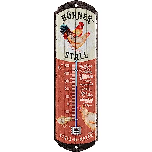 LANOLU Retro Blechschild HÜHNERSTALL THERMOMETER analog - Hühner Deko Stall Garten Vintage Schilder - Blechschild Huhn - Hühnerliebhaber Geschenke Schild aus Metall 8x28cm