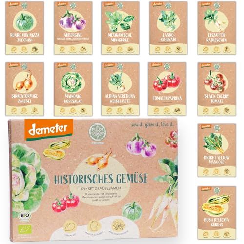 BIO Historisches Gemüse Samen Set - 12 Sorten Demeter Gemüse Saatgut | Seltene u. alte Gemüsesamen allesamt samenfest | alte Gemüsesorten für Balkon, Hochbeet, Garten & als Geschenk | Loveplants