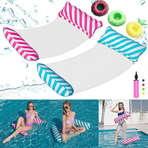 2Pack Aufblasbare Wasserhängematte, Zusammenklappbar Aufblasbares Schwimmbett 4 in 1 Schwimmmatratze Strandmatte für Wasserspaß mit Aufblasbarer Getränk Schwimmen+Luftpumpe