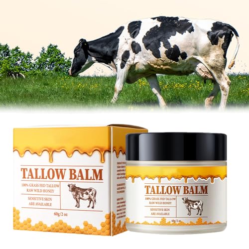 Beef Tallow Balm, Beef Tallow Cream for Skin Care, 100% Grass Fed Tallow Raw Wild Honey, Wrinkle Defense Tallow Balm - Face + Body Whipped Moisturizer, Butter Moisturising Cream - 60g