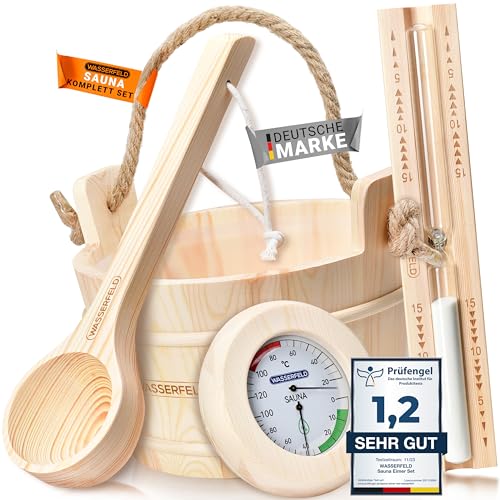 WASSERFELD® Sauna Eimer Set (4 Liter) - Hochwertiger Sauna Eimer mit Kelle, Sanduhr, Thermo- & Hygrometer - Hitzebeständiger Saunakübel 4L inkl. Einsatz & Hanftrageseil - Sauna Zubehör Set