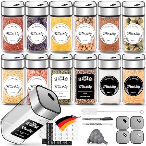 Miorkly 12 Gewürzgläser Eckig,120ML Gewürzdosen Set mit Streueinsatz,Gewürzstreuer mit Drehdeckel-Starke Versiegelung,Edelstahl-Glas Gewürz Organizer inklusive Trichter, Etikett und Stift