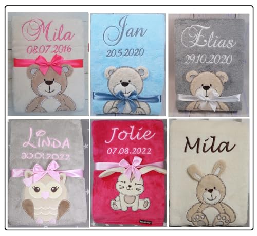 Babydecke mit Namen und Datum Bestickt Baby Geschenke Geburt 75 x 100 cm (75 x 100 cm + Personalisierung)