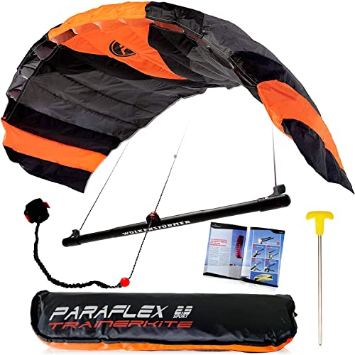 Wolkenstürmer® Paraflex Trainer 2.3 (schwarz/orange) - flugfertiger Trainer Kite Drachen + Trainerbar - 1.7qm Windtrainer zum Mountainboard fahren